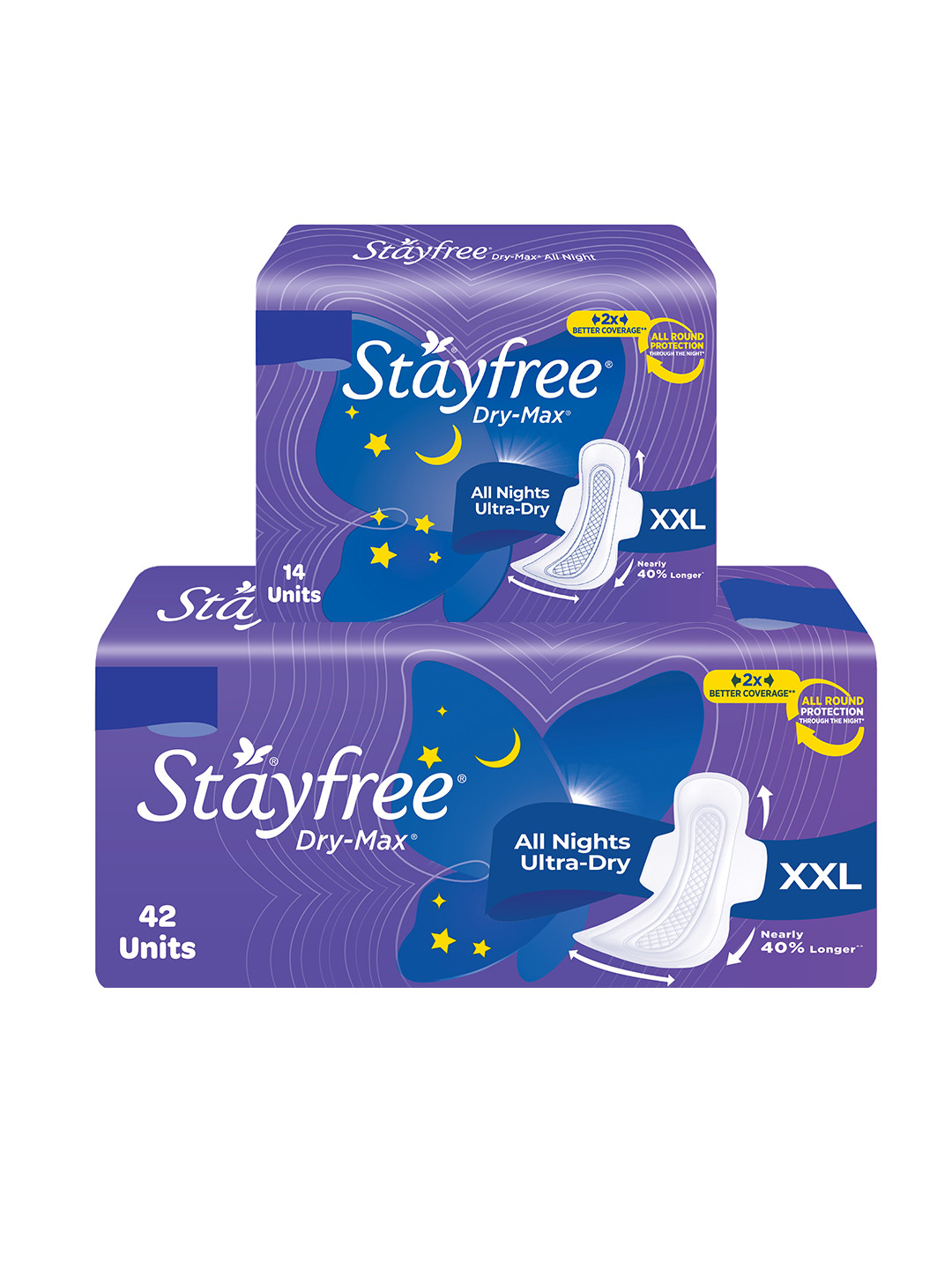 

Stayfree Dry Max All Night Ultra Dry XXL Sanitary Napkins Combo - 42 + 14 Pads, Blue