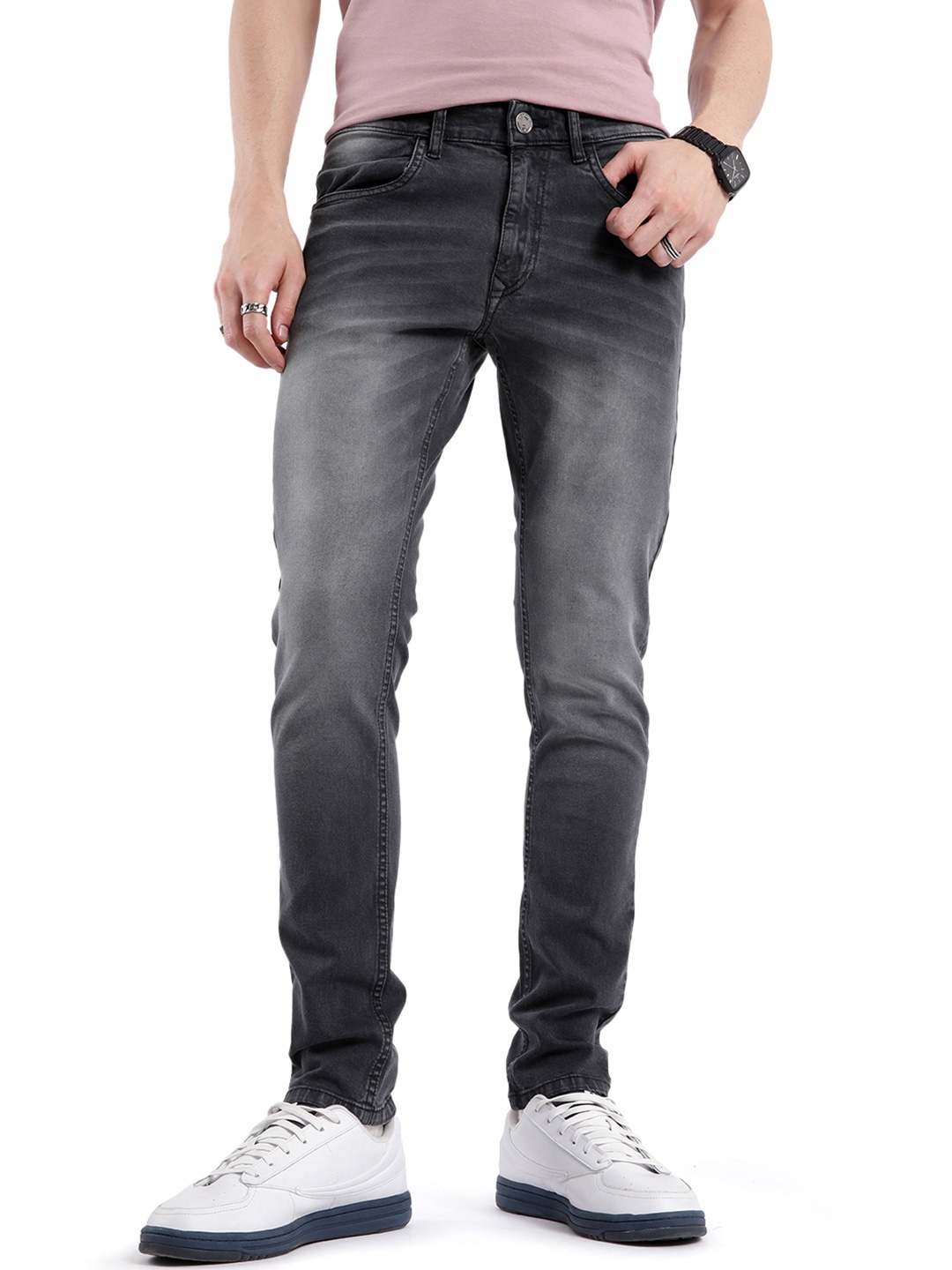 

WROGN Men Comfort Slim Fit Mildly Distressed Heavy Fade Jeans, Grey