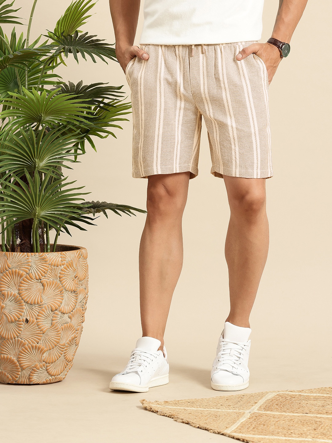 

Mast & Harbour Men Pure Cotton Striped Relaxed Fit Shorts, Beige