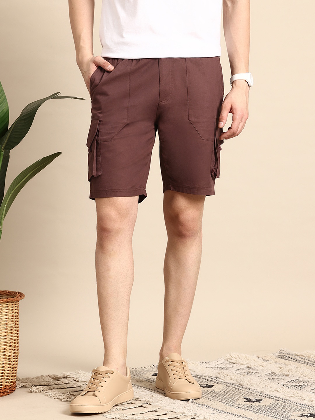 

Mast & Harbour Men Pure Cotton Cargo Shorts, Brown