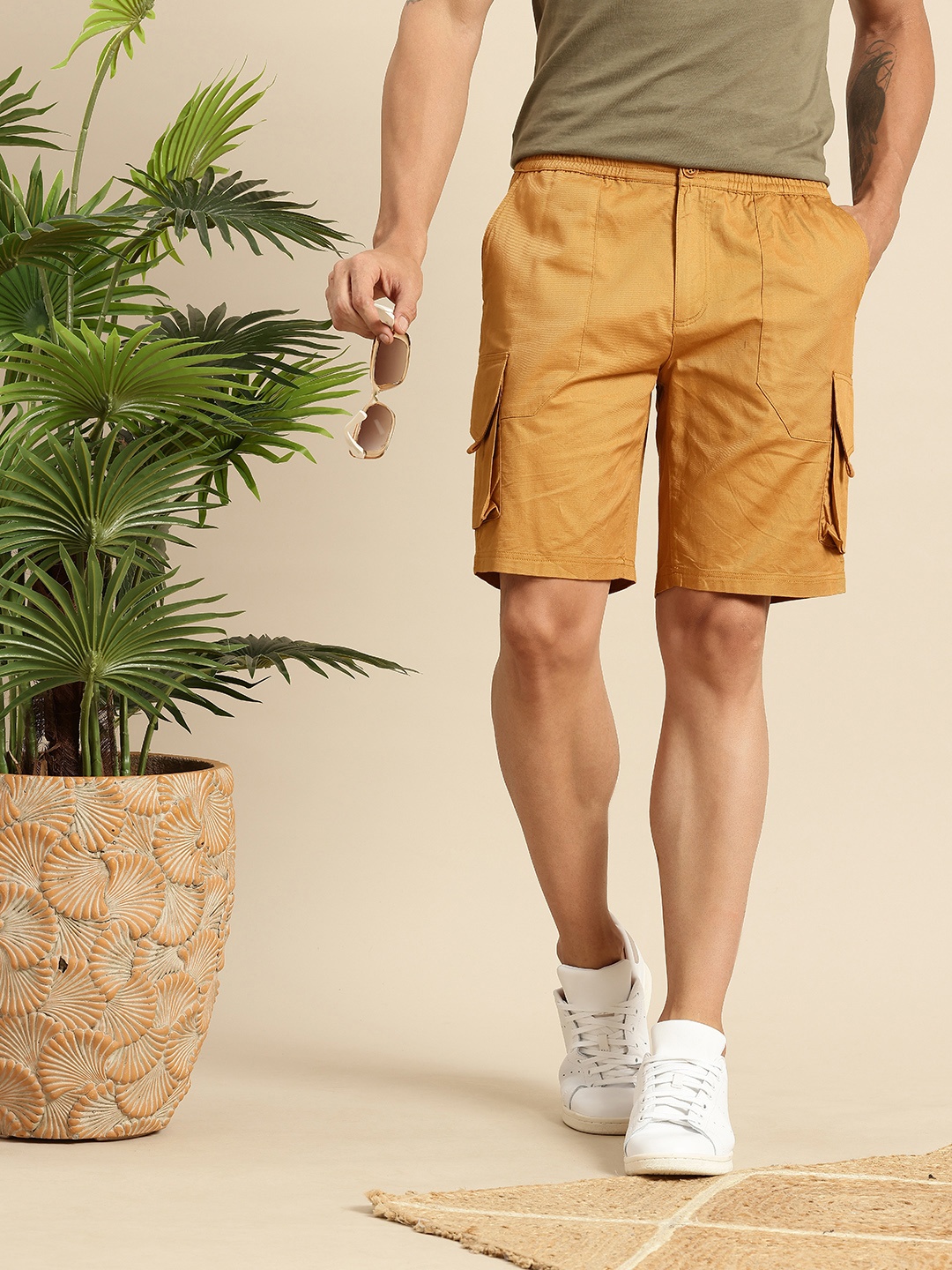 

Mast & Harbour Men Pure Cotton Cargo Shorts, Mustard