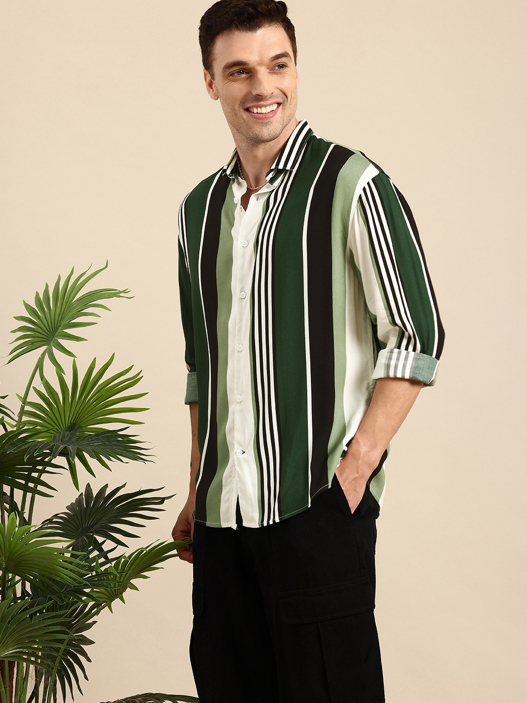 

Mast & Harbour Relaxed Fit Opaque Striped Casual Shirt, Green