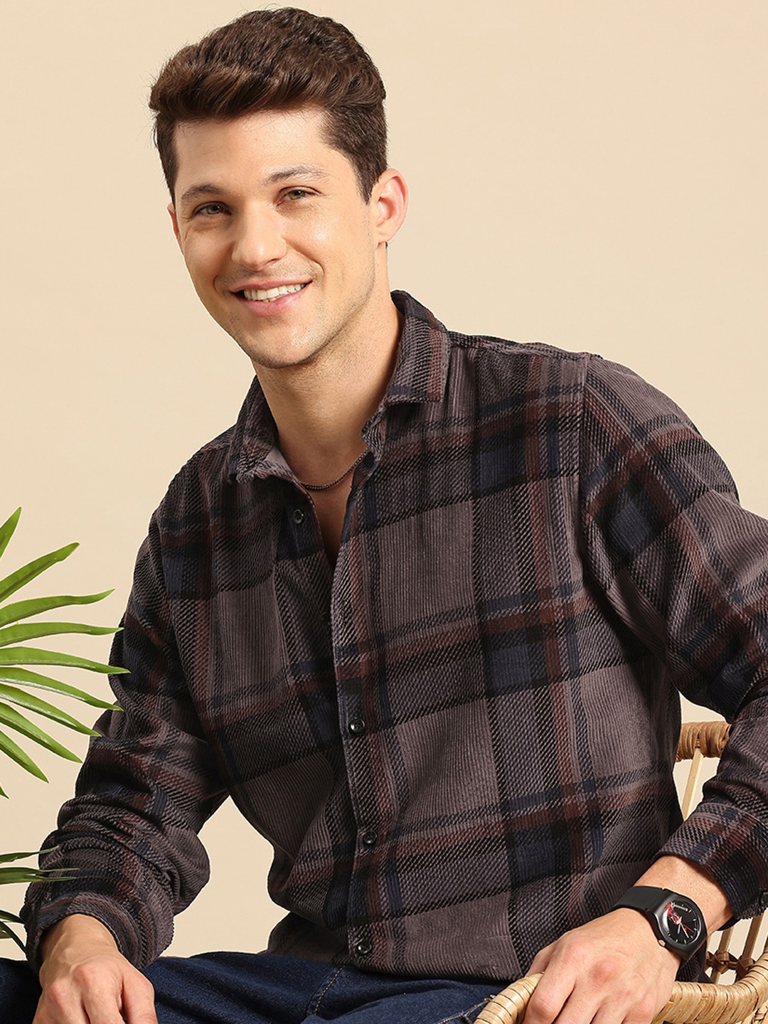 

Mast & Harbour Pure Cotton Tartan Checks Corduroy Casual Shirt, Taupe