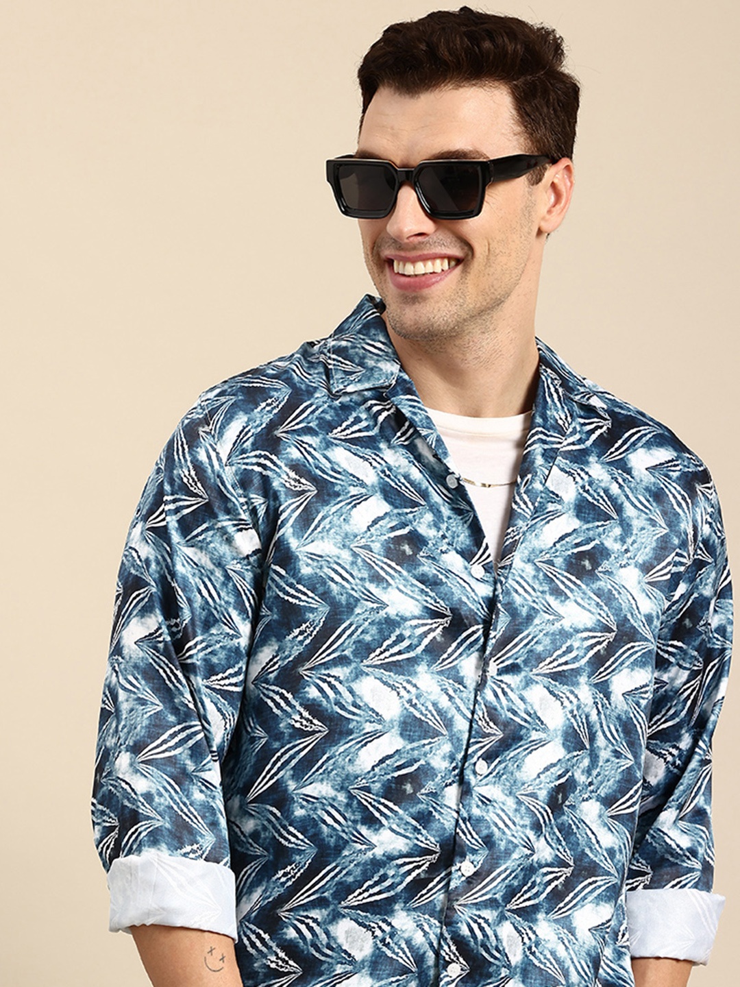 

Mast & Harbour Relaxed Fit Resort Collar Opaque Abstract Printed Casual Shirt, Blue