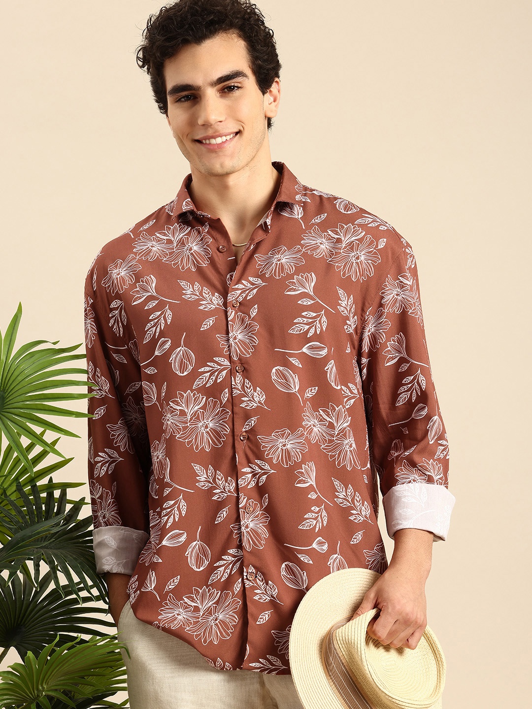 

Mast & Harbour Relaxed Fit Floral Printed Opaque Casual Shirt, Brown