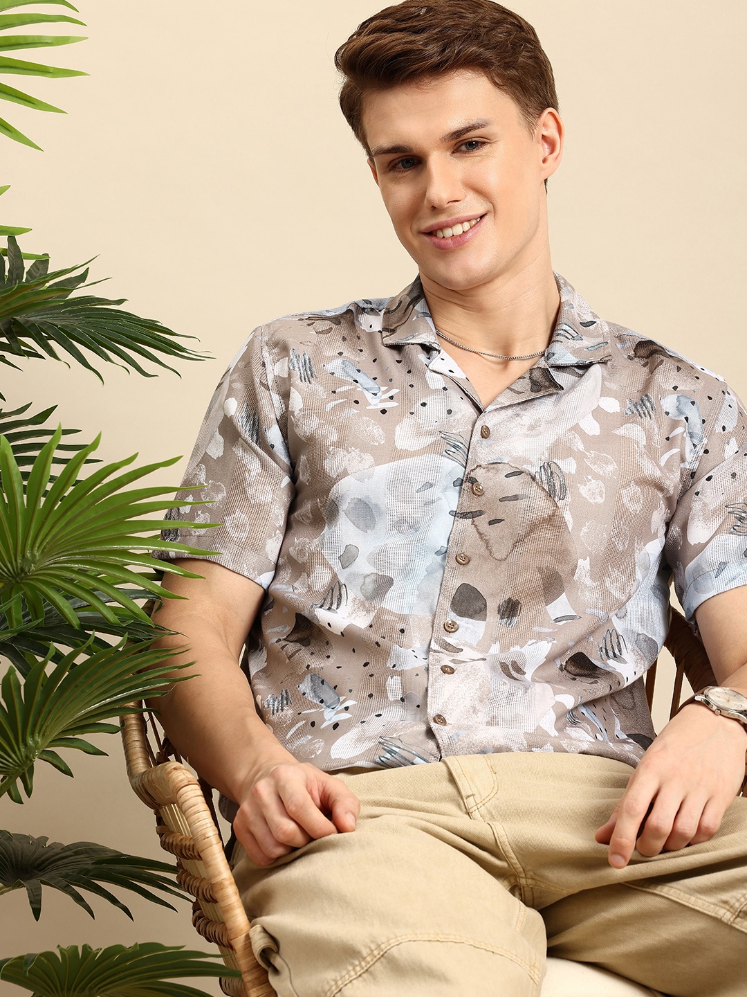 

Mast & Harbour Opaque Abstract Printed Casual Shirt, Beige