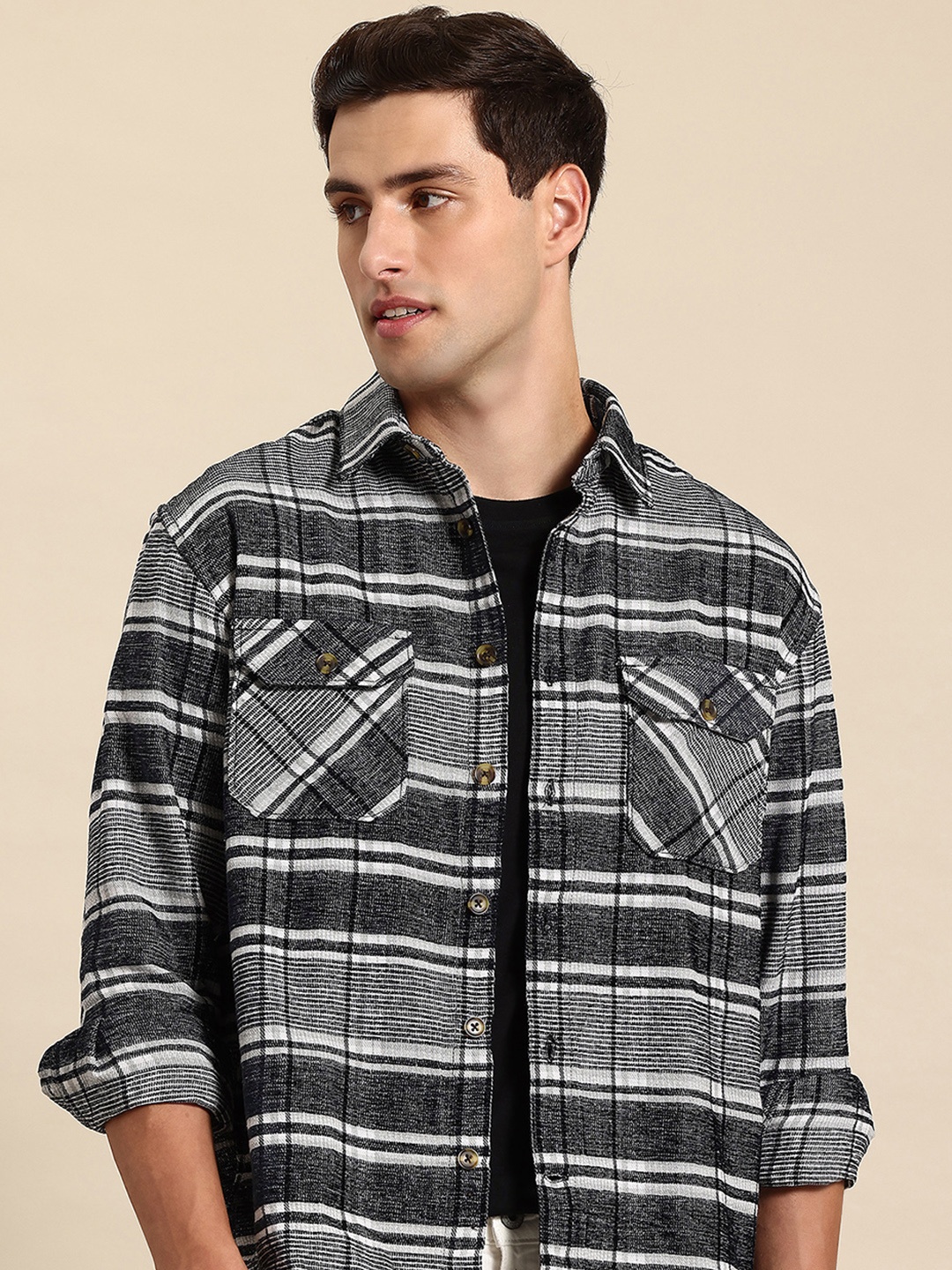 

Mast & Harbour Checked Casual Relaxed Fit Shackets, Black