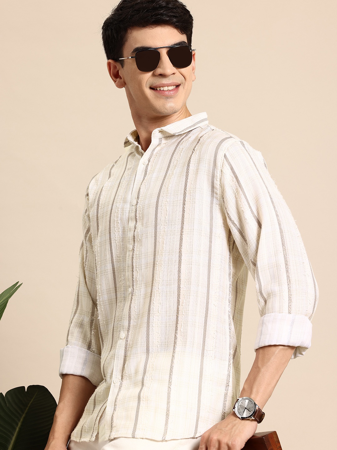 

Mast & Harbour Self Striped Casual Shirt, Beige