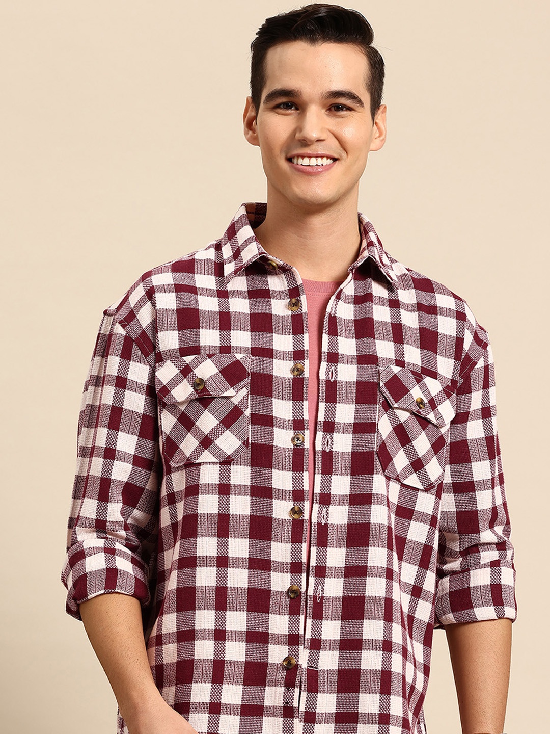 

Mast & Harbour Textured Chest Pocket Detail Checked Relaxed Fit Shackets, Maroon