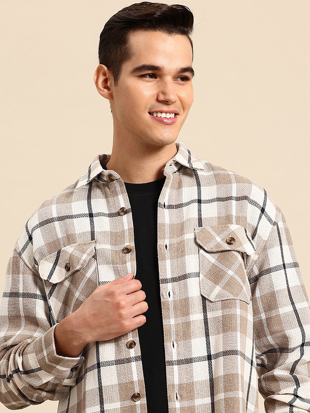 

Mast & Harbour Textured Chest Pocket Detail Checked Shackets, Beige