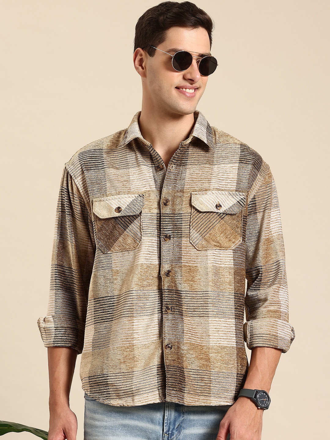 

Mast & Harbour Checked Textured Shacket, Beige