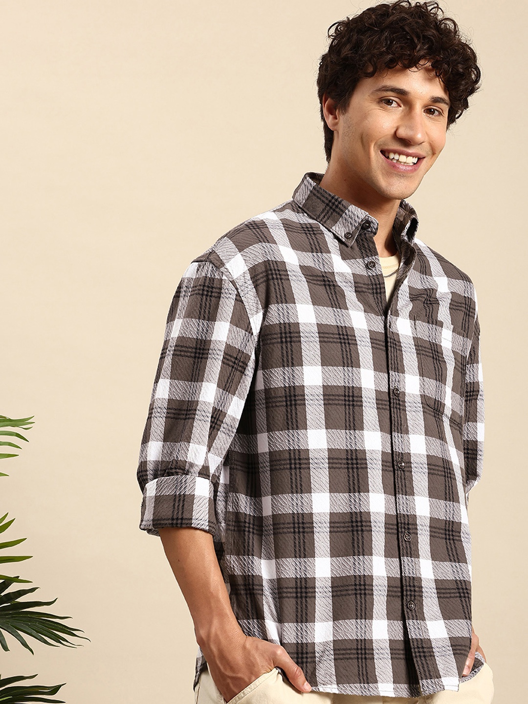 

Mast & Harbour Pure Cotton Checked Button-Down Collar Relaxed Fit Casual Shirt, Brown