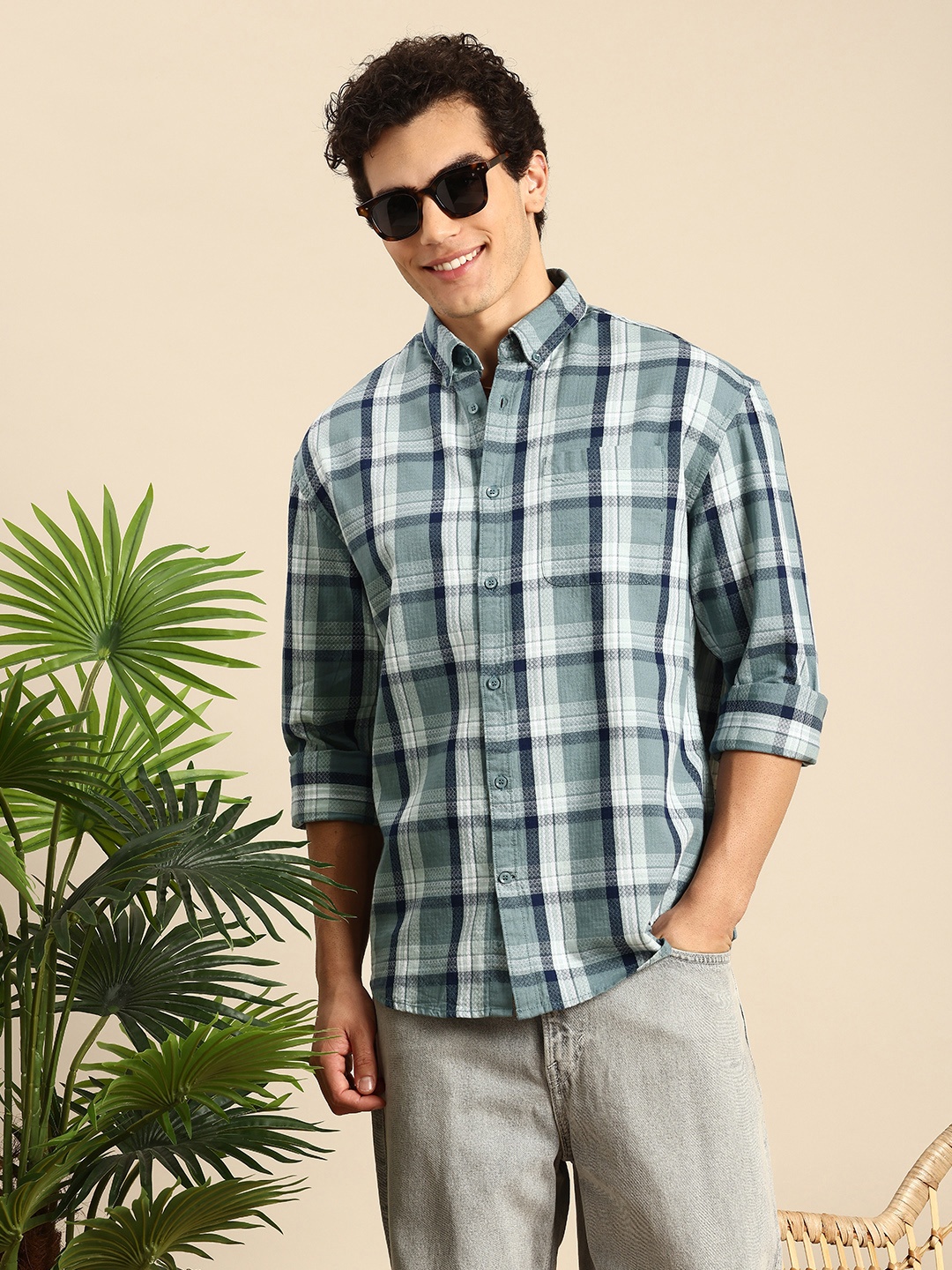

Mast & Harbour Checked Button-Down Collar Pure Cotton Casual Shirt, Green