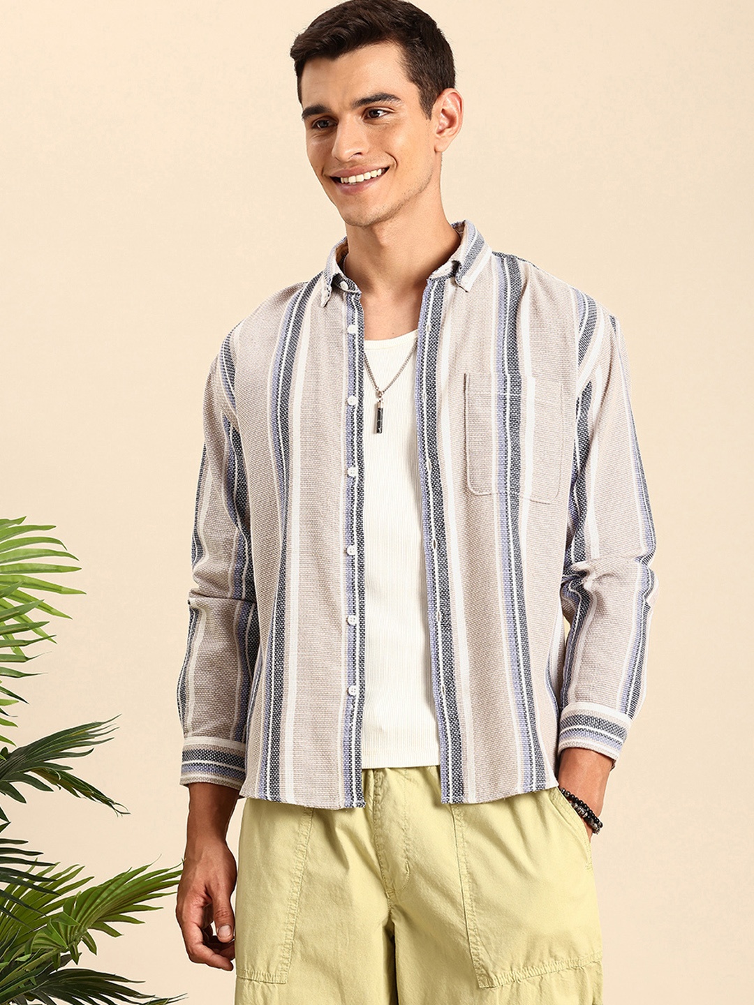 

Mast & Harbour Self Striped Button-Down Collar Pure Cotton Casual Relaxed Fit Shirt, Beige