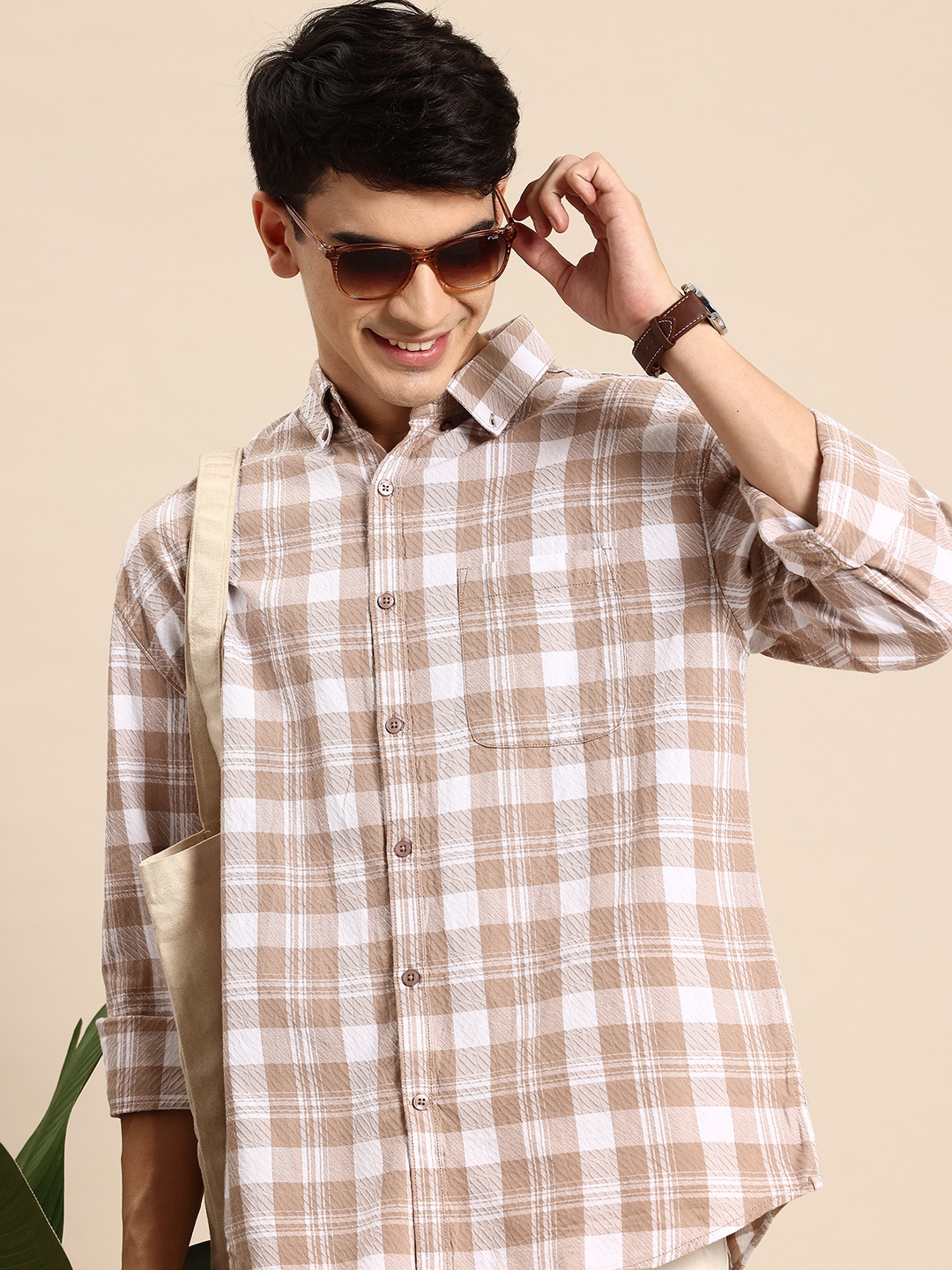 

Mast & Harbour Tartan Checked Pure Cotton Casual Shirt, Taupe