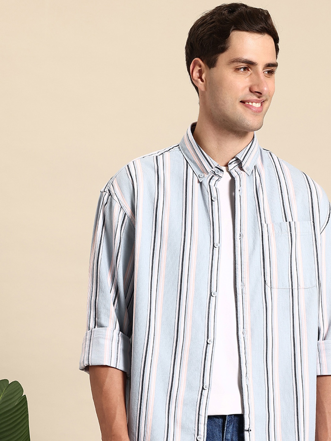 

Mast & Harbour Men Opaque Striped Casual Relaxed Fit Shirt, Blue