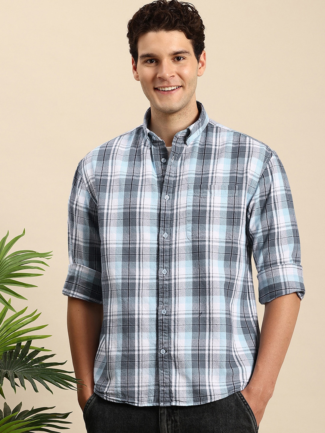 

Mast & Harbour Pure Cotton Checked Button-Down Collar Relaxed Fit Casual Shirt, Blue