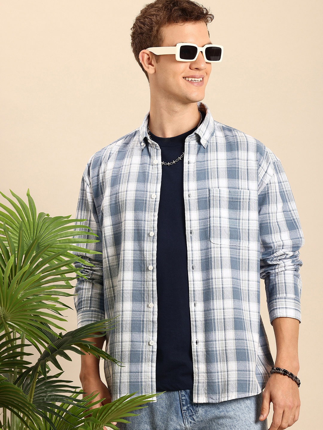 

Mast & Harbour Checked Button-Down Collar Pure Cotton Casual Shirt, White