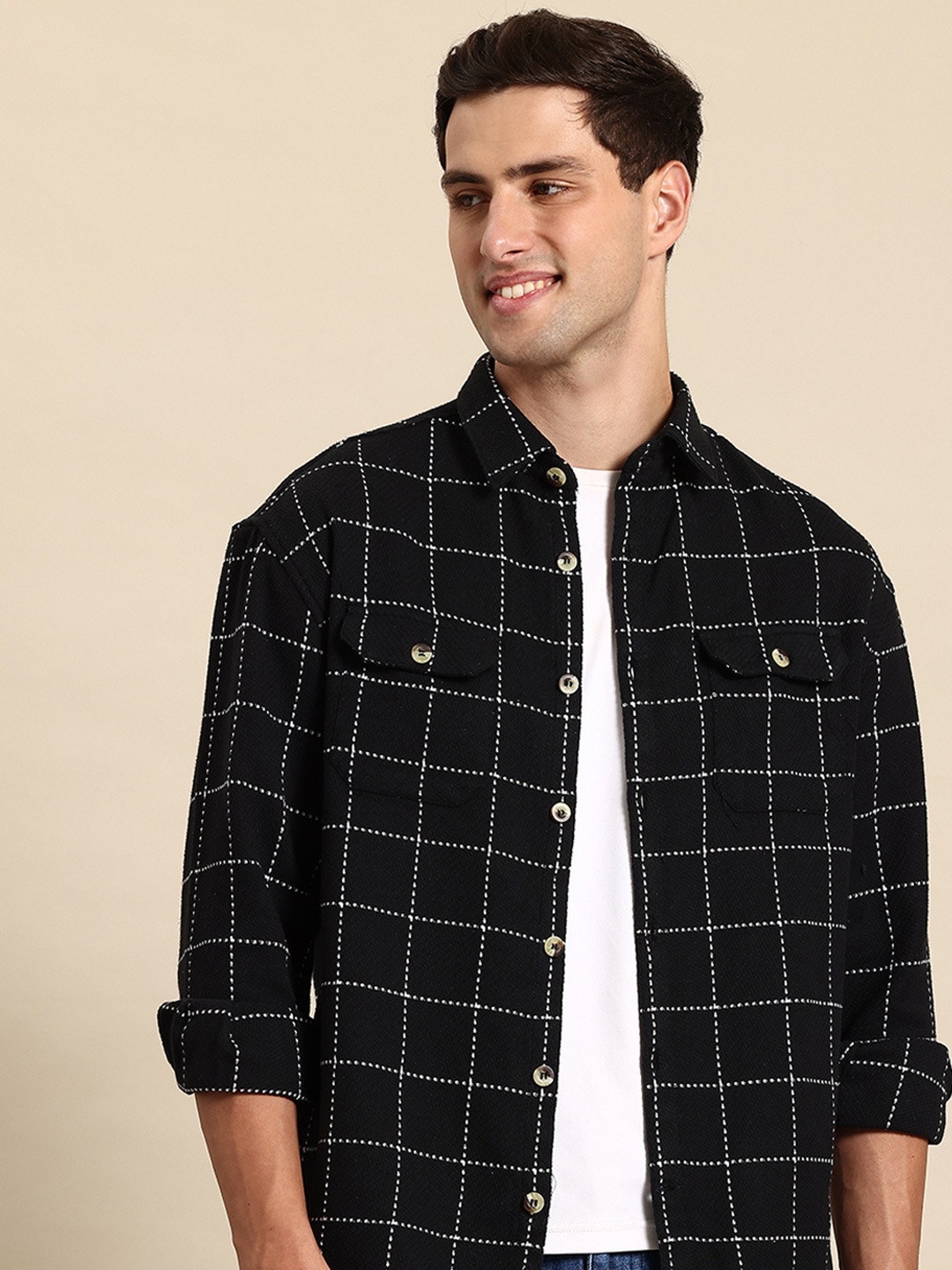

Mast & Harbour Men Opaque Printed Casual Shackets, Black