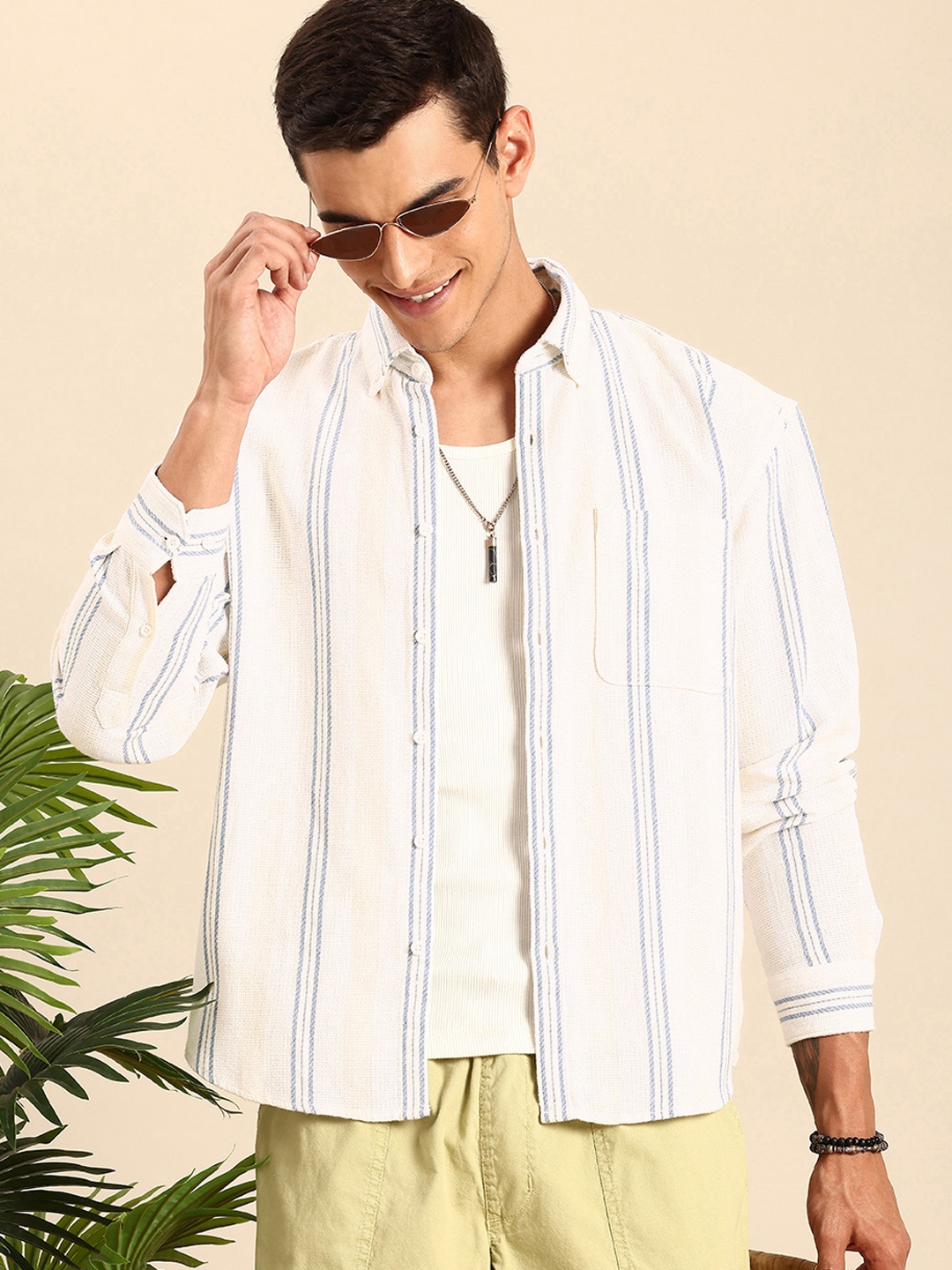 

Mast & Harbour Self Striped Button-Down Collar Casual Shirt, White