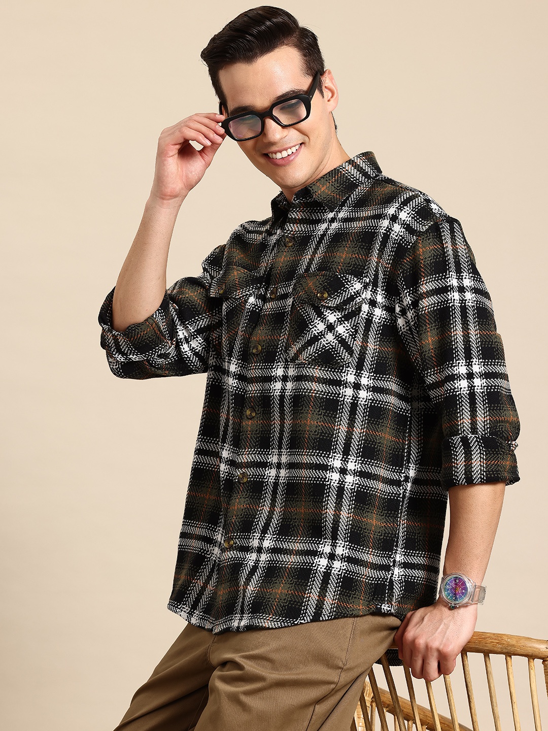 

Mast & Harbour Checked Textured Shacket, Black