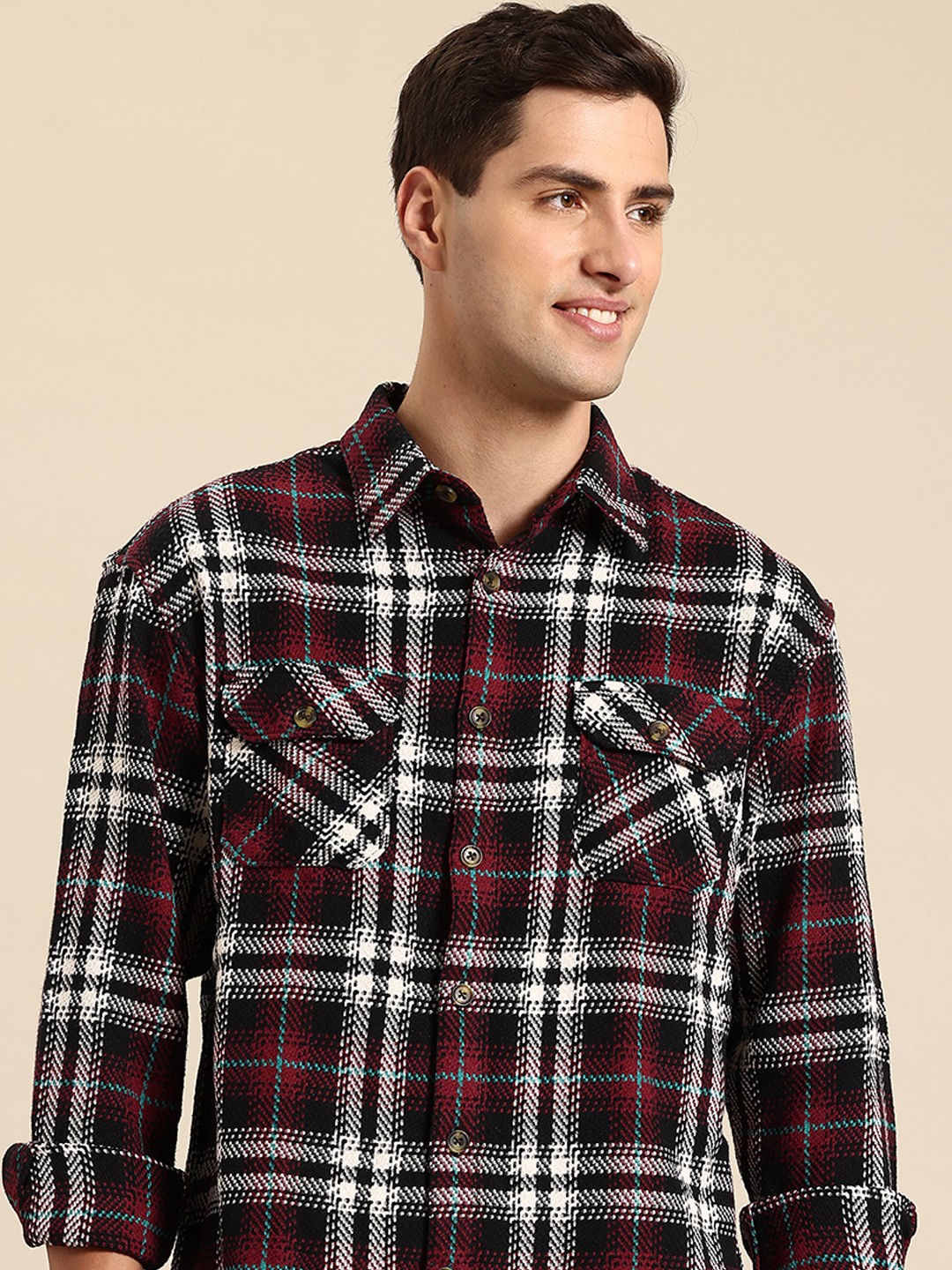 

Mast & Harbour Checked Textured Shacket, Red