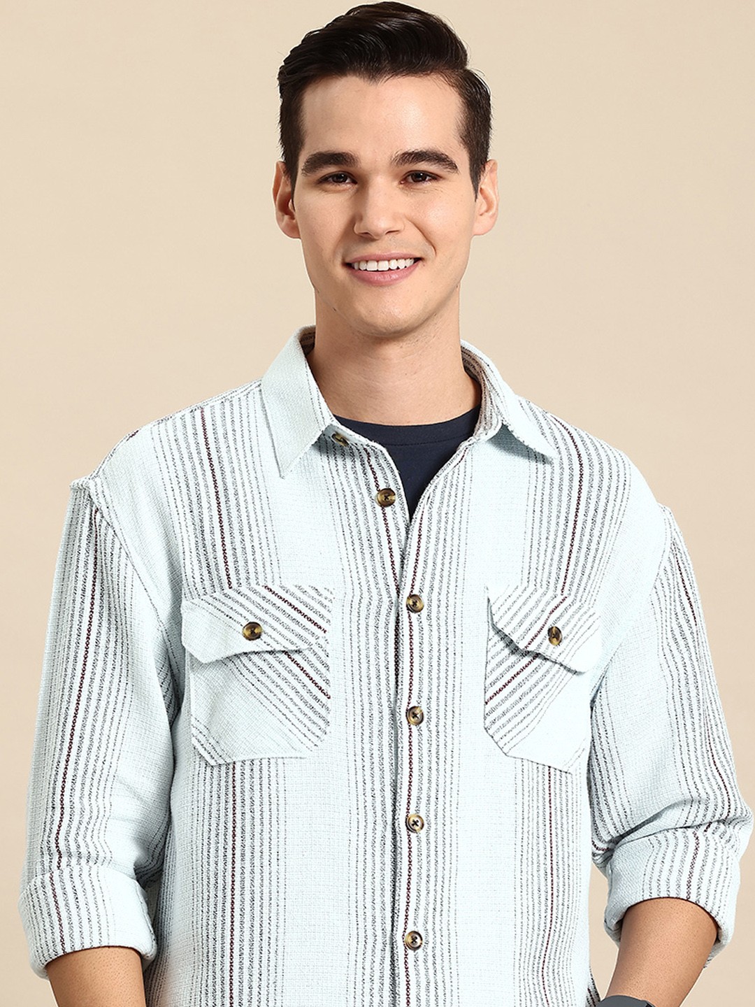 

Mast & Harbour Striped Casual Relaxed Fit Shackets, White