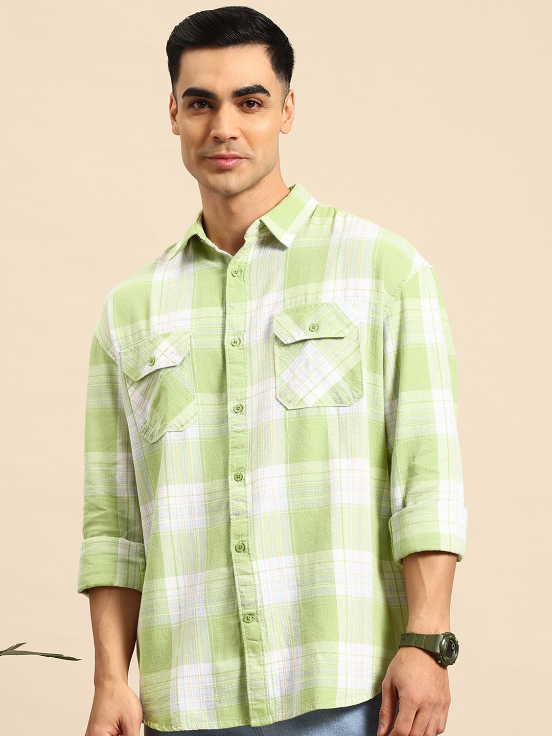 

Mast & Harbour Box Pocket Detail Checked Shackets, Green