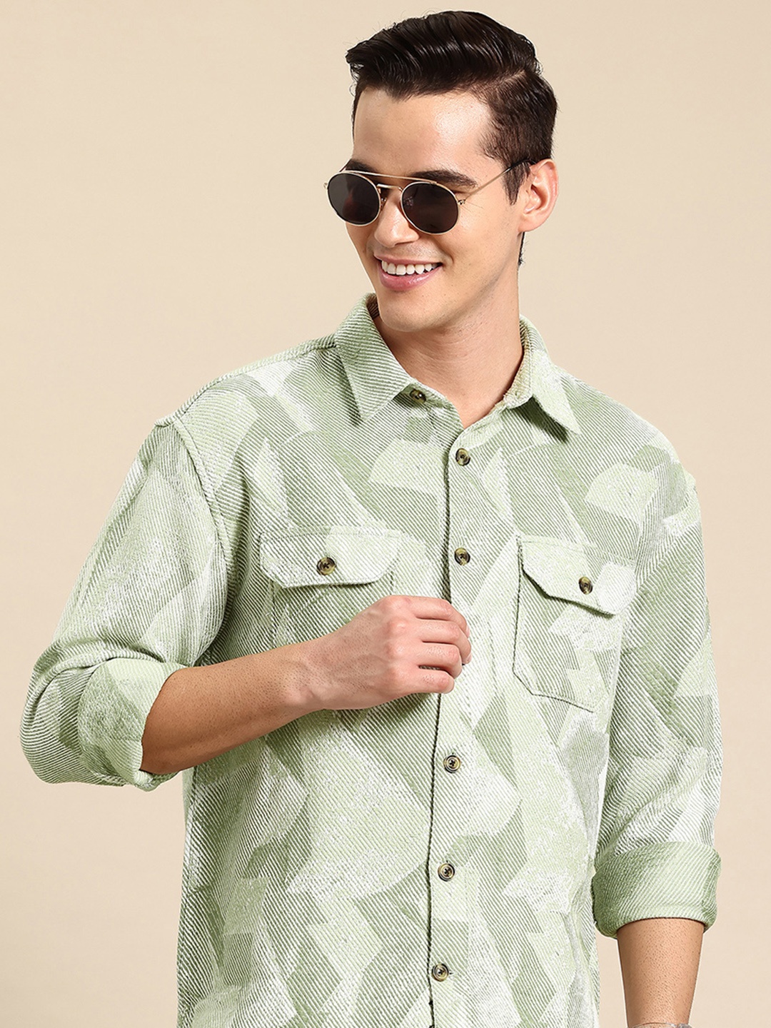 

Mast & Harbour Self-Design Opaque Casual Relaxed Fit Shackets, Green
