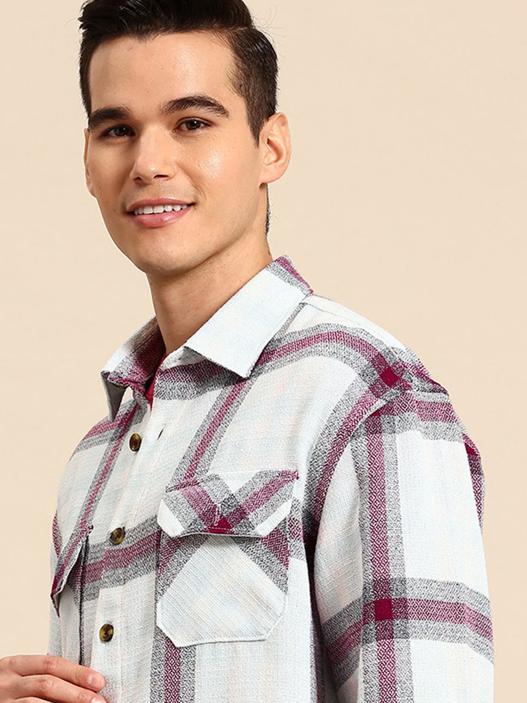 

Mast & Harbour Textured Chest Pocket Detail Checked Shackets, White