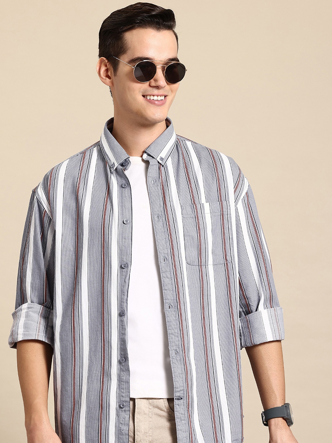 

Mast & Harbour Pure Cotton Striped Casual Relaxed Fit Shirt, Blue