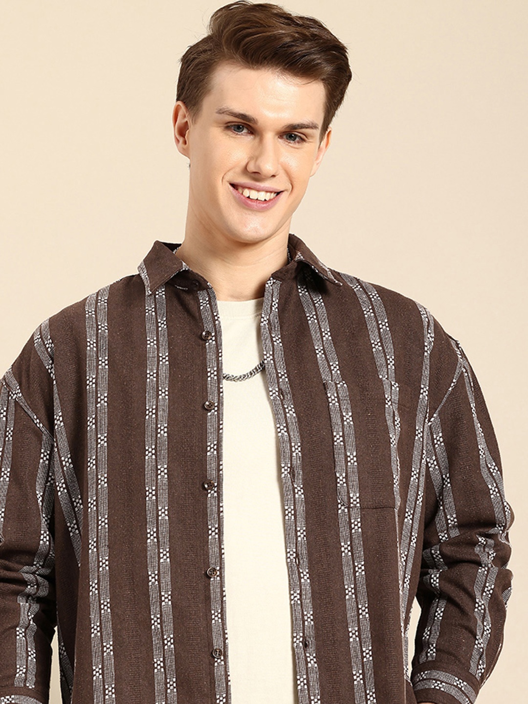 

Mast & Harbour Self Striped Drop-Shoulder Oversized Pure Cotton Casual Shirt, Coffee brown