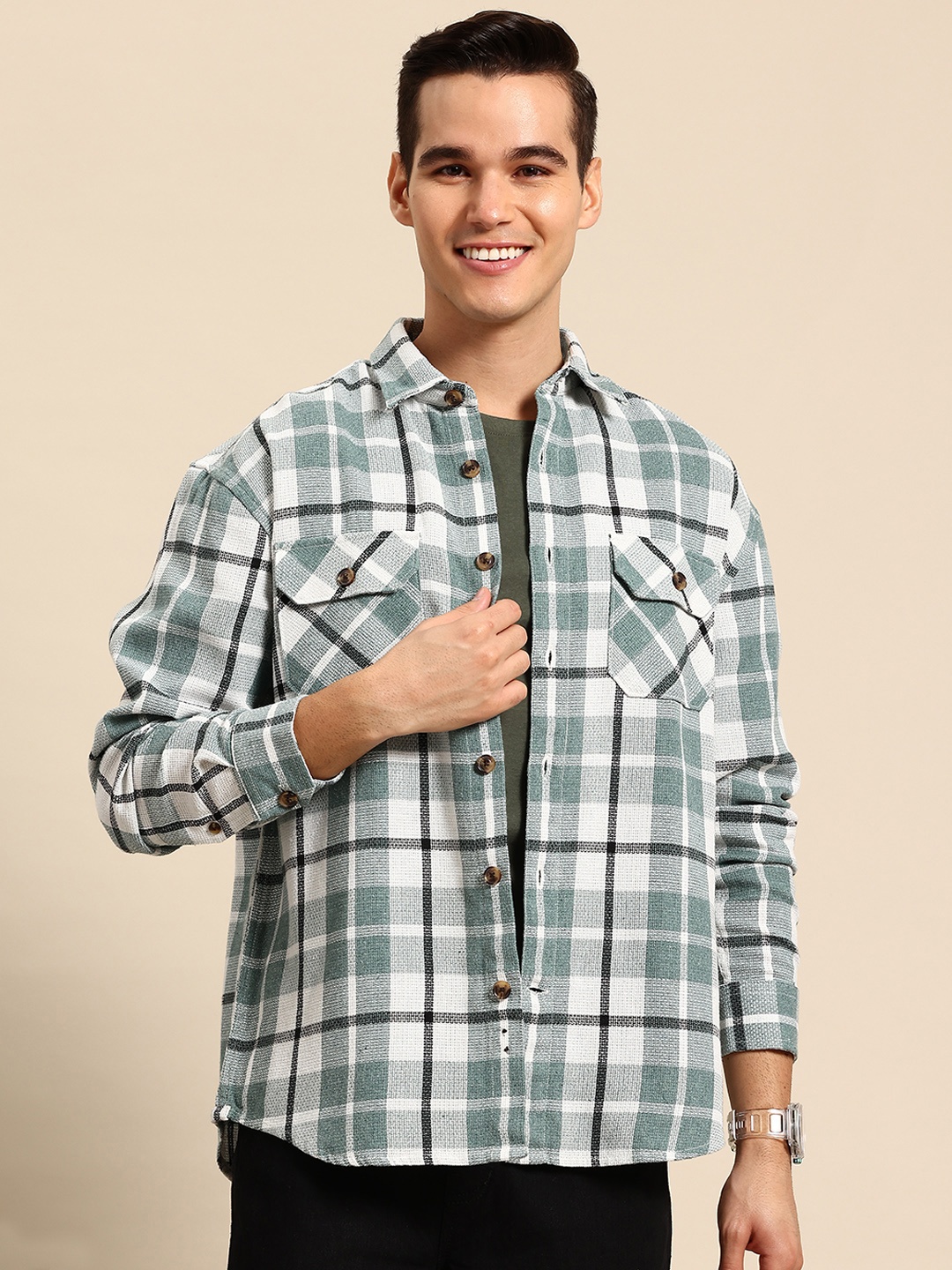 

Mast & Harbour Textured Chest Pocket Detail Checked Relaxed Fit Shackets, Green