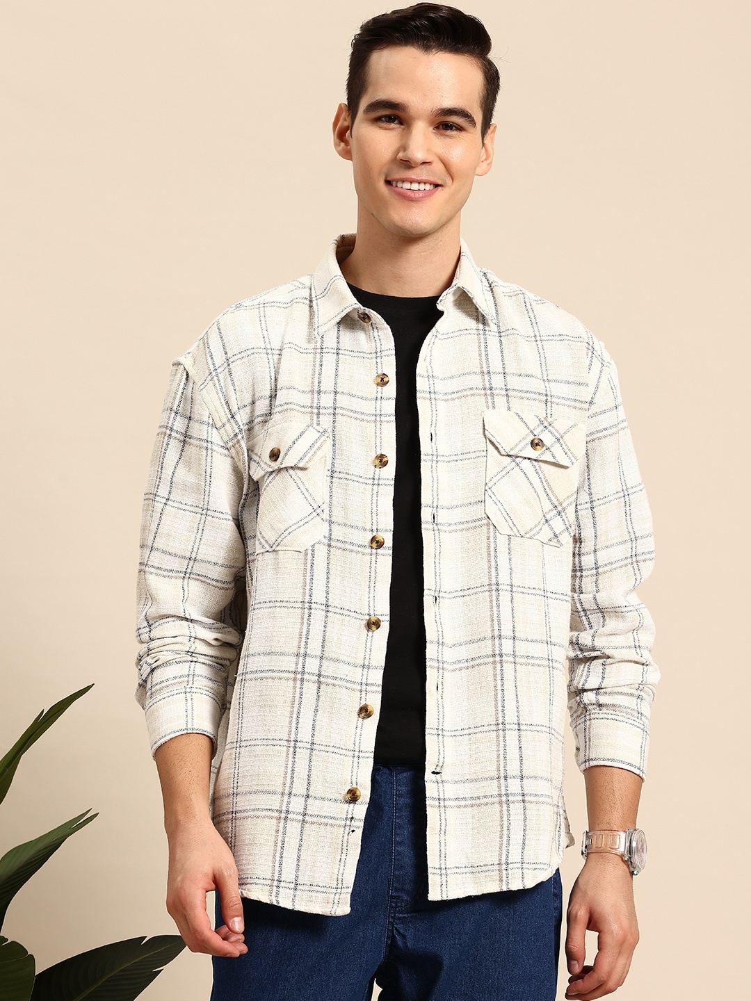 

Mast & Harbour Men Opaque Checked Casual Shackets, Beige