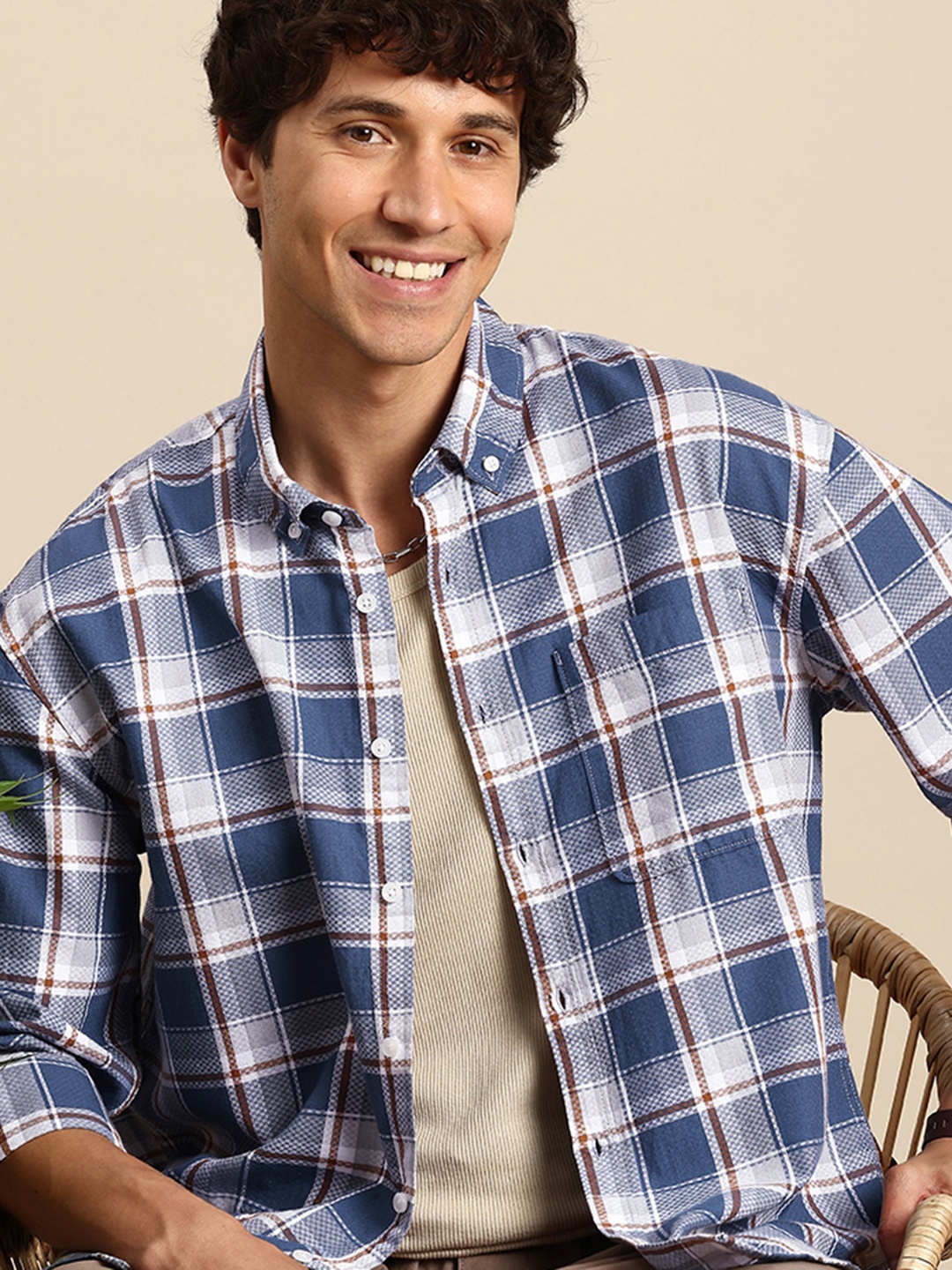 

Mast & Harbour Tartan Checked Textured Opaque Pure Cotton Casual Shirt, Blue