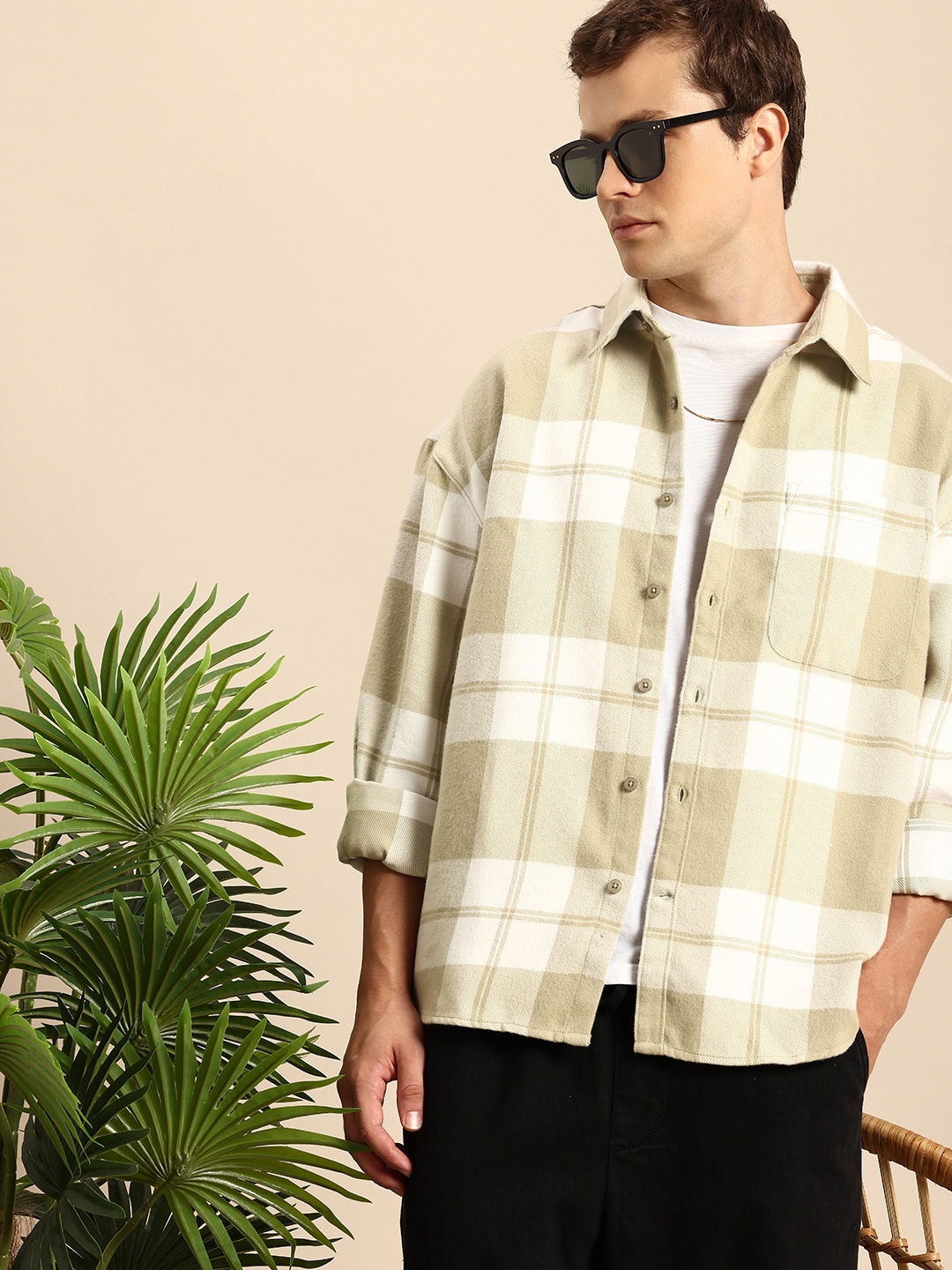 

Mast & Harbour Checked Drop-Shoulder Sleeves Relaxed Fit Casual Shirt, Green