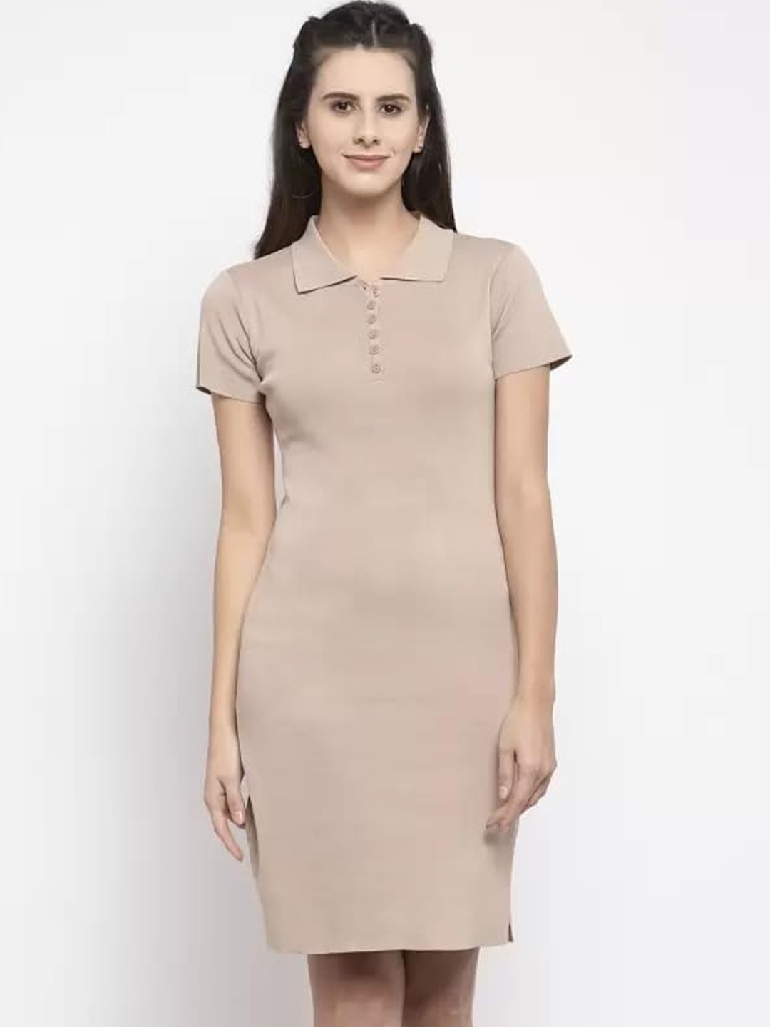 

Global Republic Ribbed Polo Collar T-shirt Dress, Beige