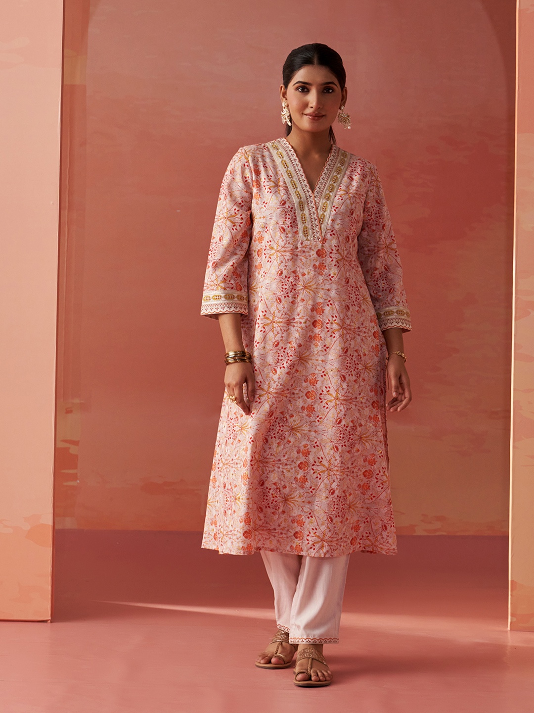 

Lakshita Floral Printed A-Line Kurta With Trousers, Orange