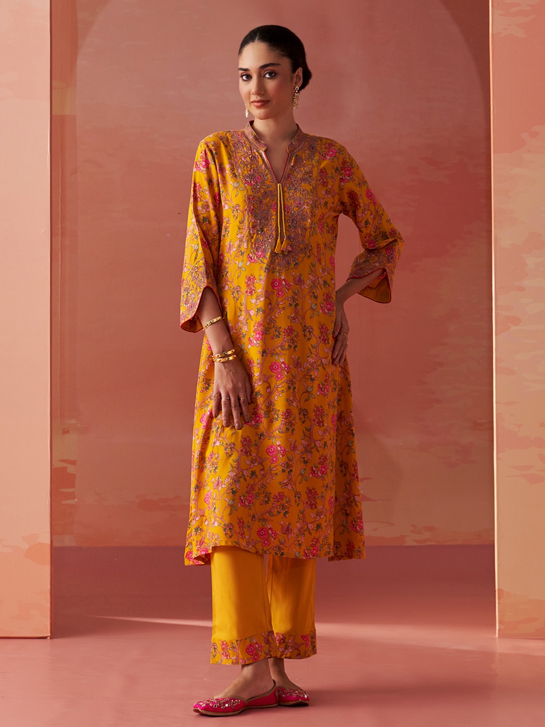 

Lakshita Printed Embroidered Tunic With Trouser Co-Ords, Mustard