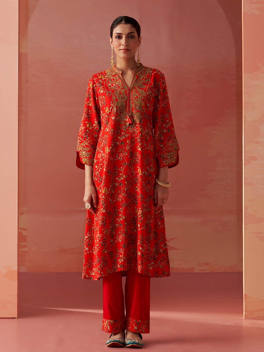 

Lakshita Floral Embroidered A-Line Kurta with Trouser, Red