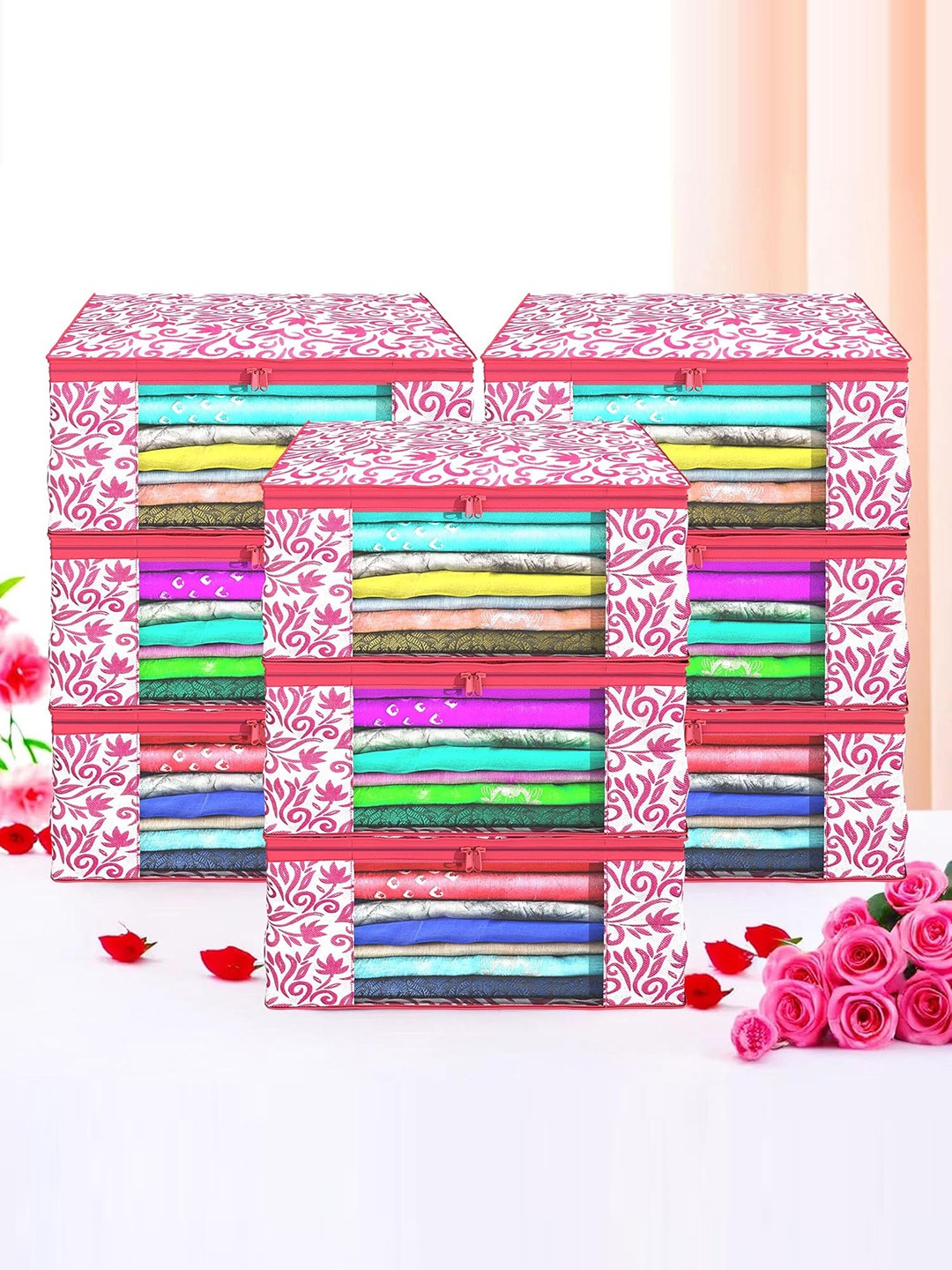 

Kuber Industries Pink & White 9 Pieces Floral Printed Foldable Drawer Organisers