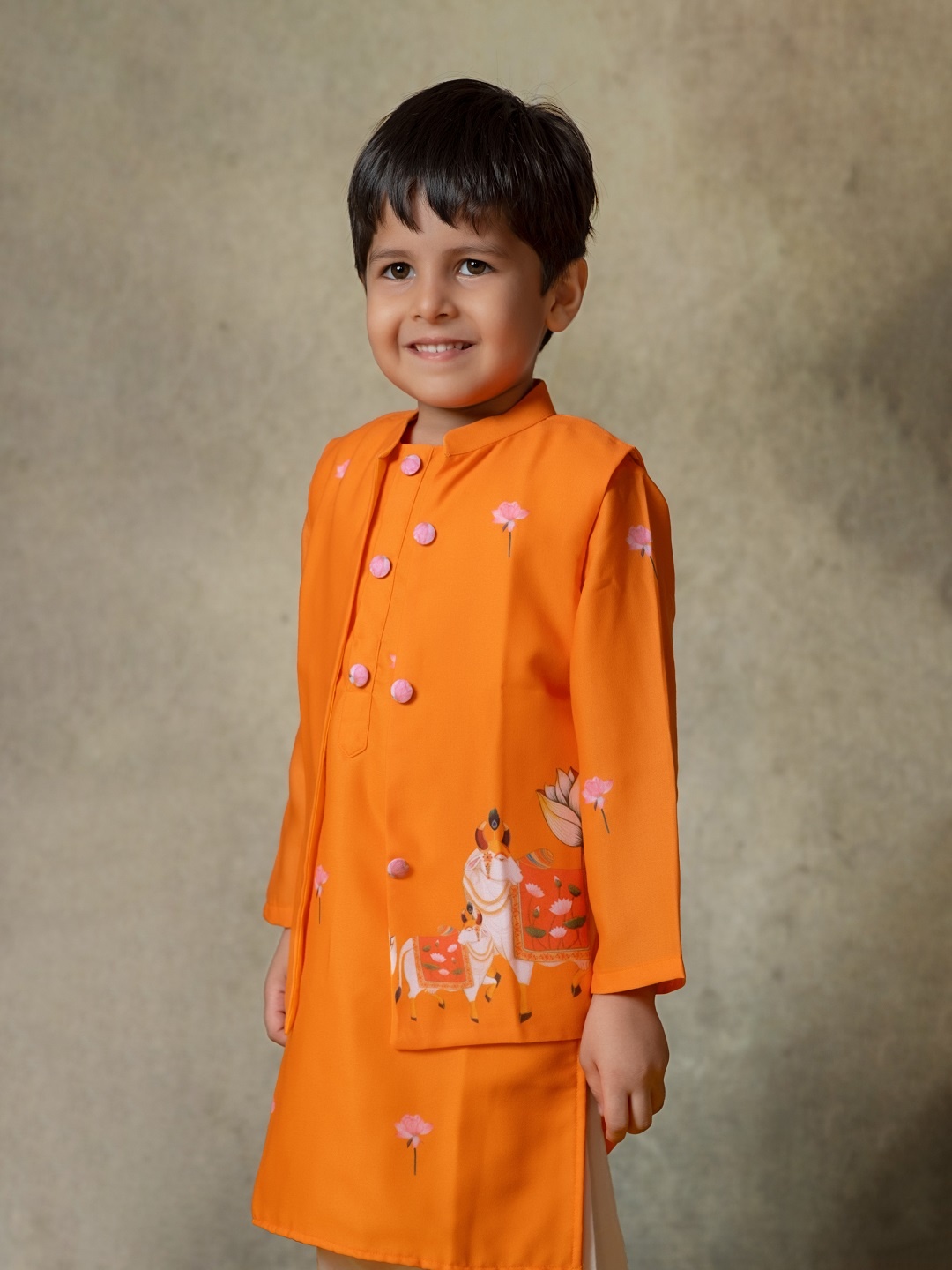 

Vivedkids Boys Pichwai Printed Pure Cotton Straight Kurta with Trousers, Orange