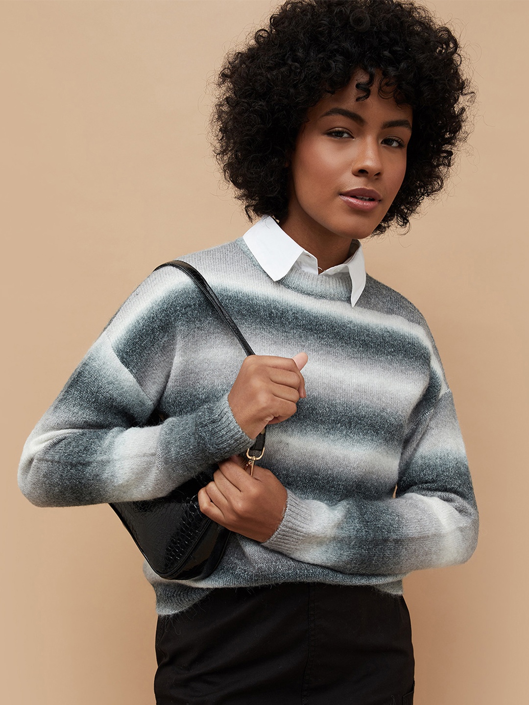 

Fame Forever by Lifestyle Women Striped Pullover, Grey