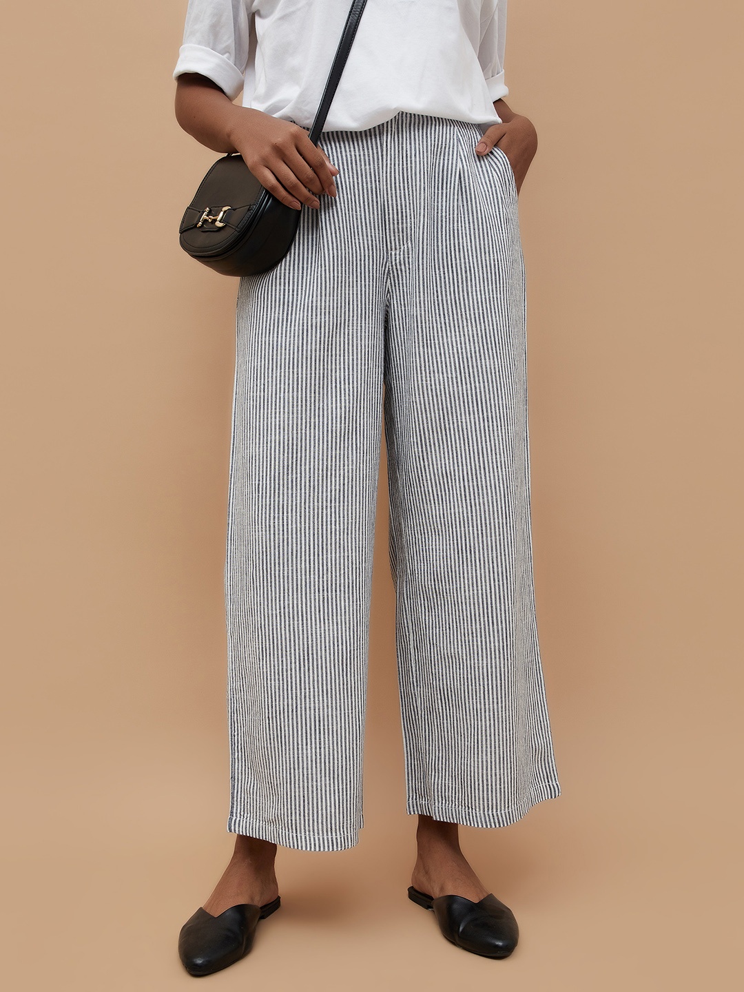 

Fame Forever by Lifestyle Women Striped Pleated Trousers, Blue