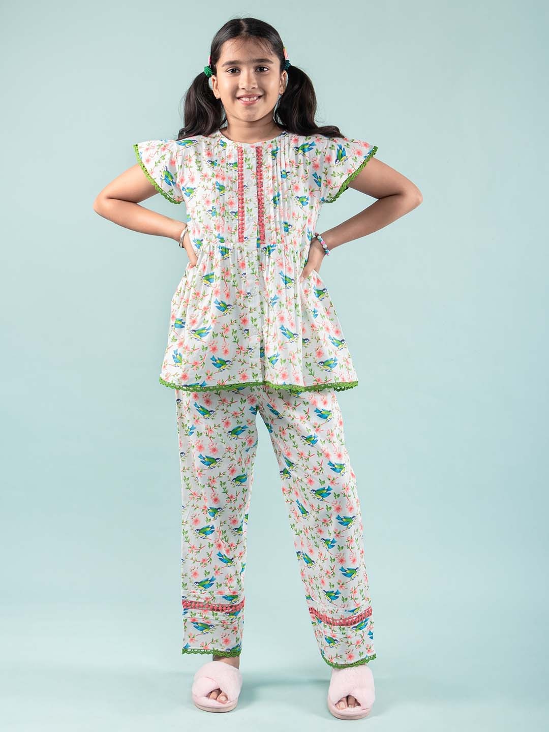 

TWEENY MINI Printed Pure Cotton Night suit, Green