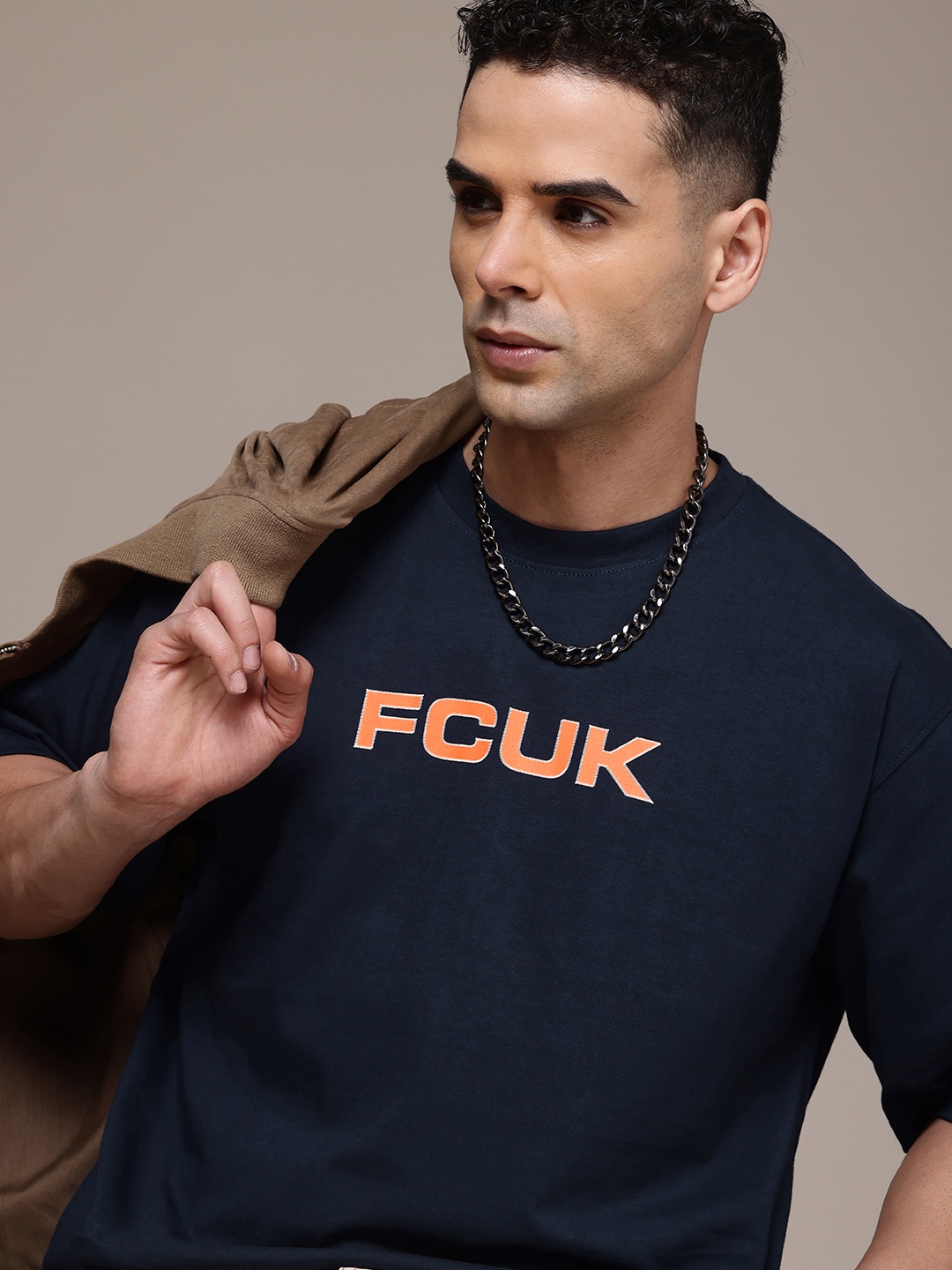 

FCUK Pure Cotton Brand Logo Printed Drop-Shoulder Sleeves Oversized T-shirt, Navy blue