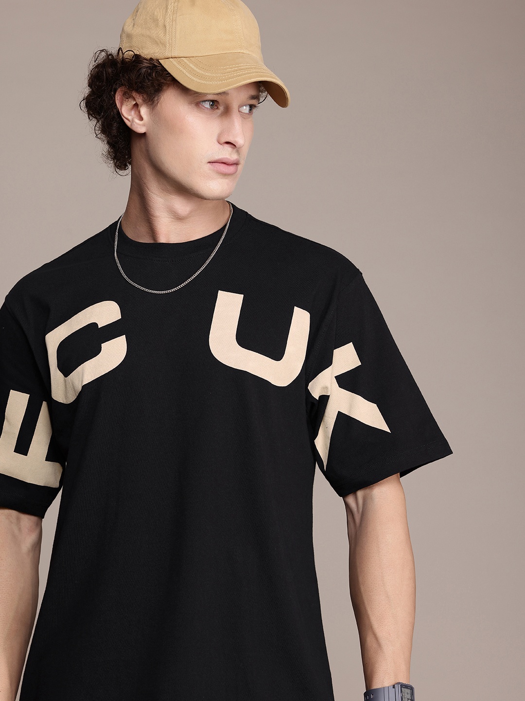 

FCUK Brand Logo Printed Drop-Shoulder Sleeves Oversized Pure Cotton T-shirt, Black