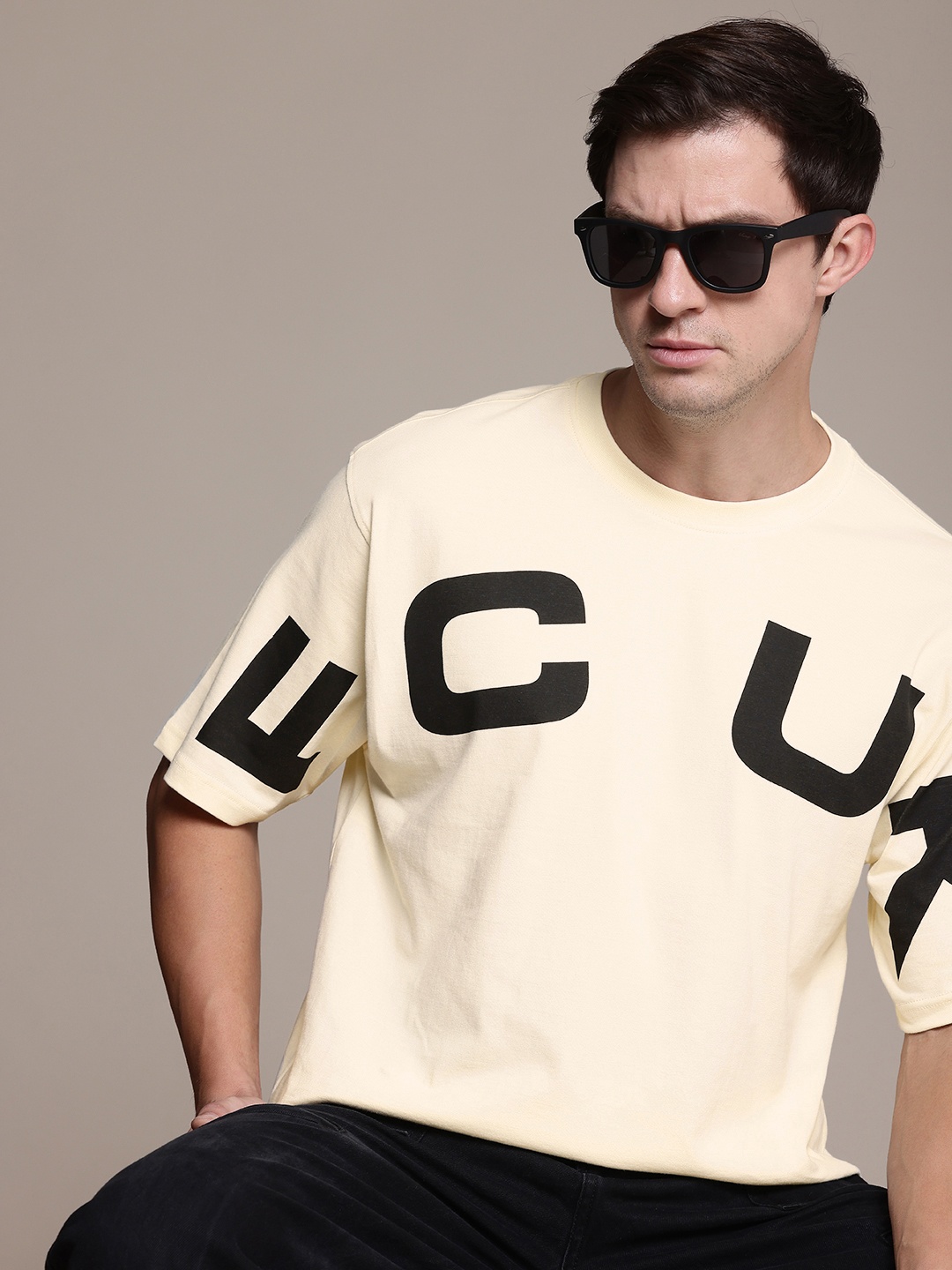 

FCUK Brand Logo Printed Drop-Shoulder Sleeves Oversized Pure Cotton T-shirt, Cream
