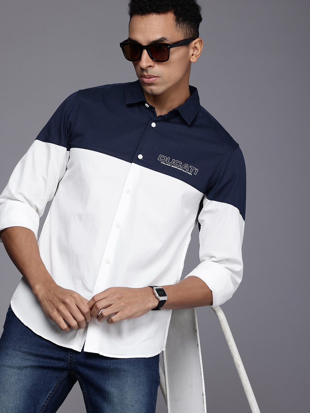 

Ducati Colourblocked Pure Cotton Casual Shirt, White