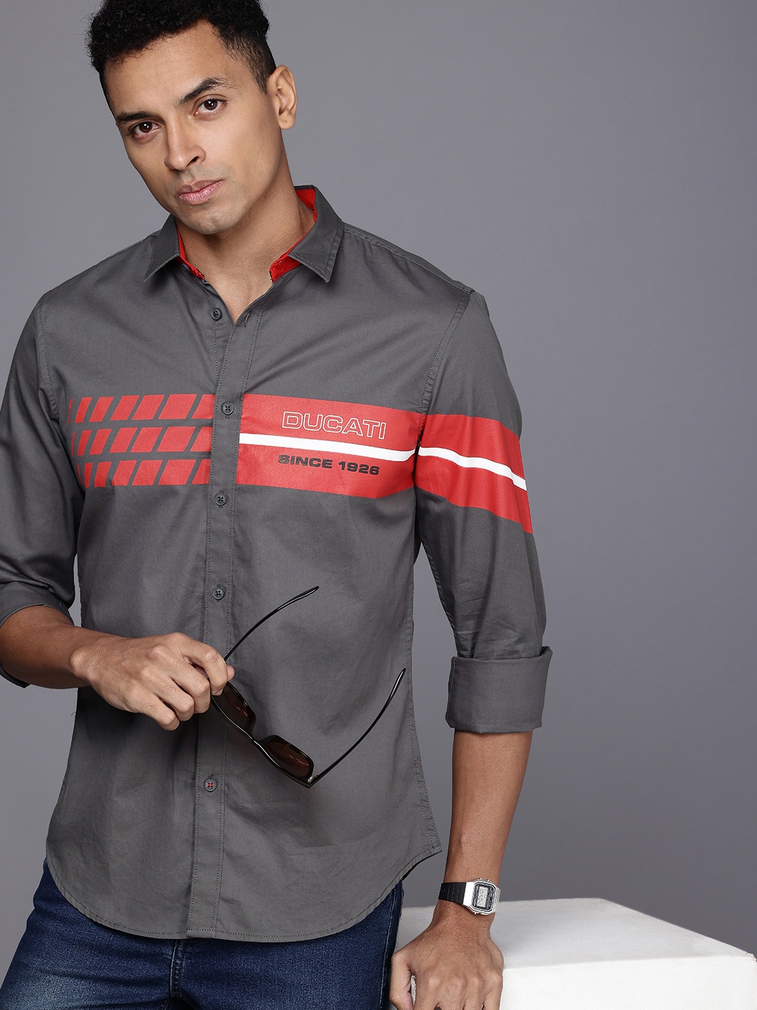 

Ducati Brand Logo Printed Pure Cotton Casual Shirt, Grey